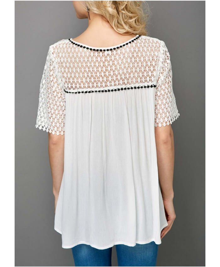 Round Neck Patchwork Short Sleeve Blouse